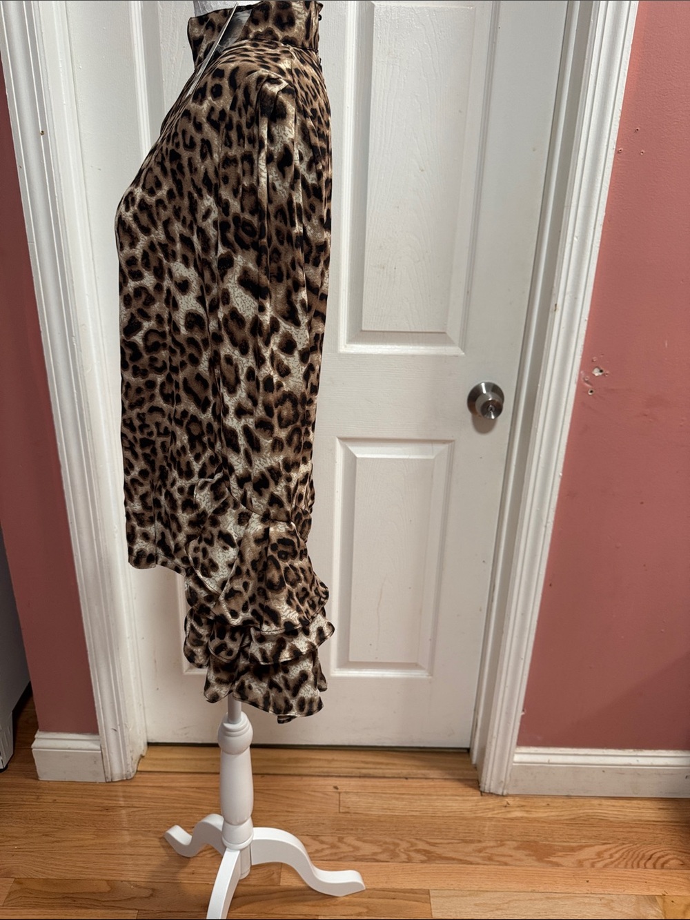 Mock Neck Leopard Print Ruffle Sleeve Blouse - Brown - Picture 4 of 7